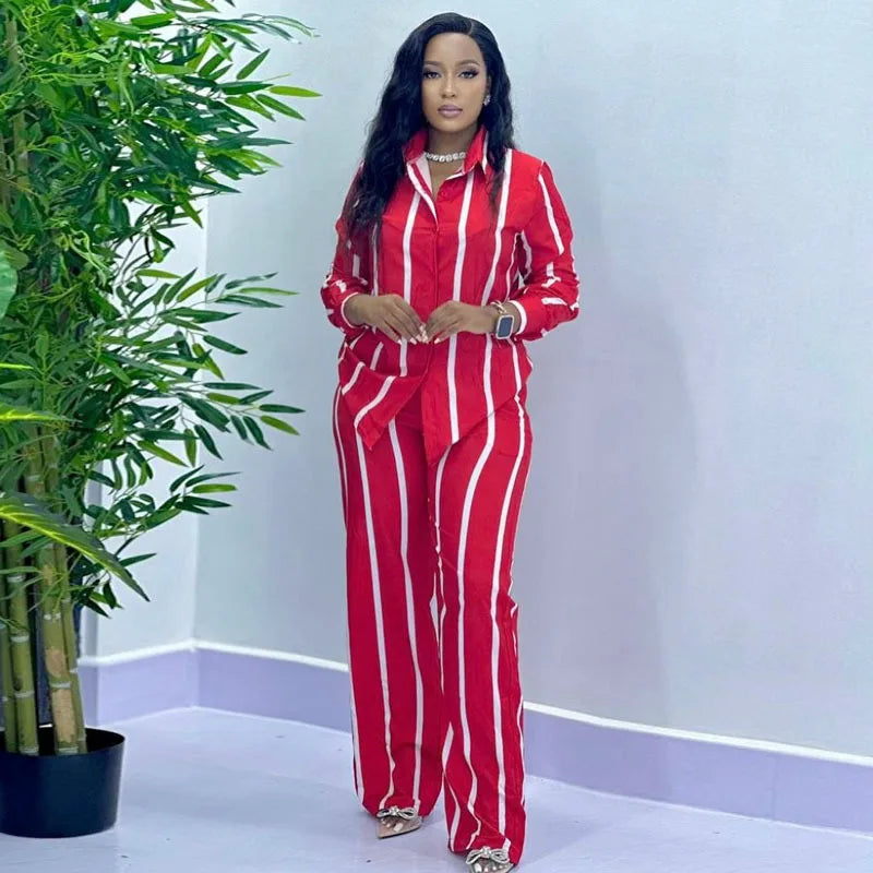 African Fashion Stripe Two Piece Set Women Summer Casual Button Long Sleeved Shirt Wide Leg Pants Two Piece Set Women