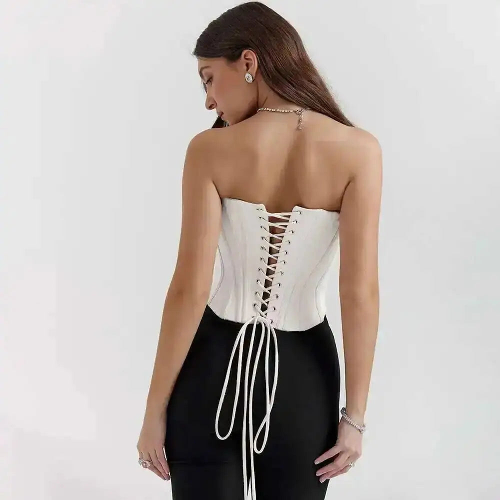 Giyu Sexy Camis Bandage Lace Up Corset Crop Tops Women 2025 Summer Elegant White Camisole Off Shoulder Backless Blusas Femme