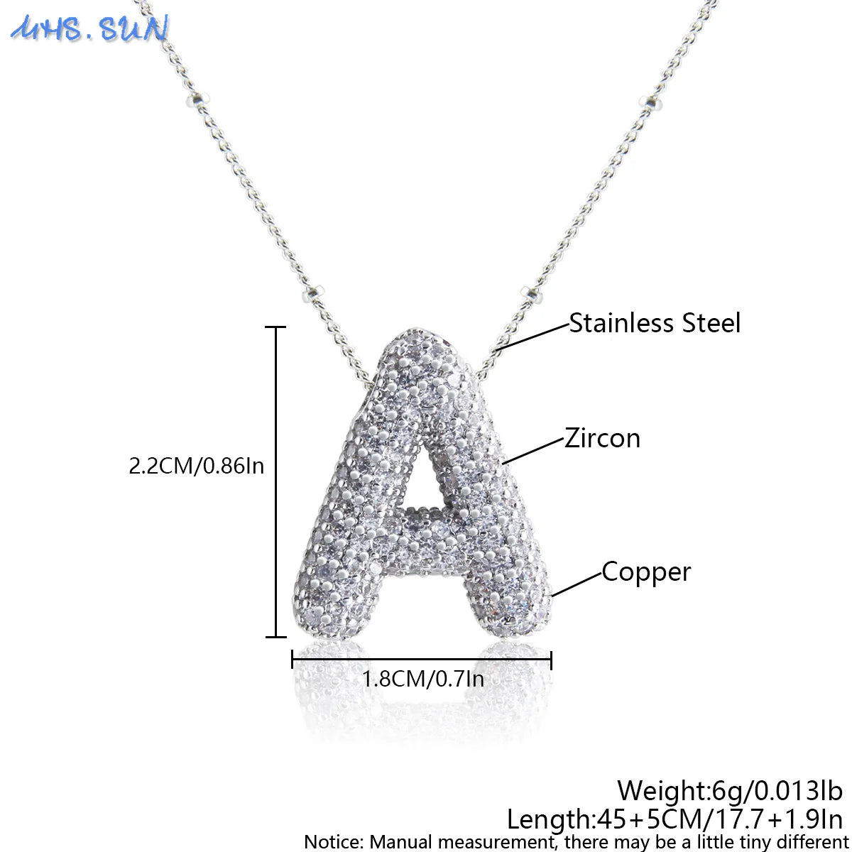 MHS.SUN Hochwertige Bubble Initialenkette Buchstabe A-Z Silberfarbene Zirkon 26 Initialen Ballon Anhänger für Damen Herren Schmuck
