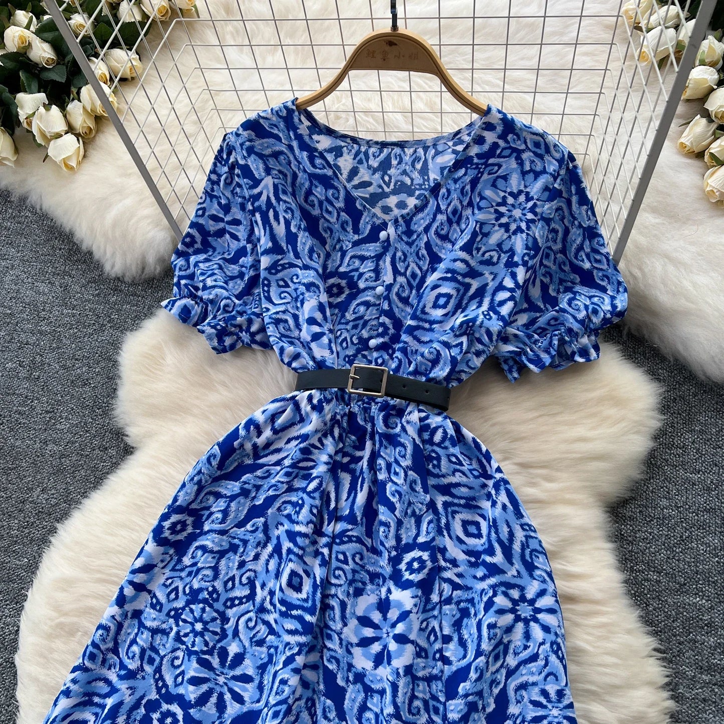 Sommer Plissiert Damen Knopfkleider Lässige Strandurlaub Kurzarm V-Ausschnitt Damen Midikleid Böhmische Mujer Vestidos