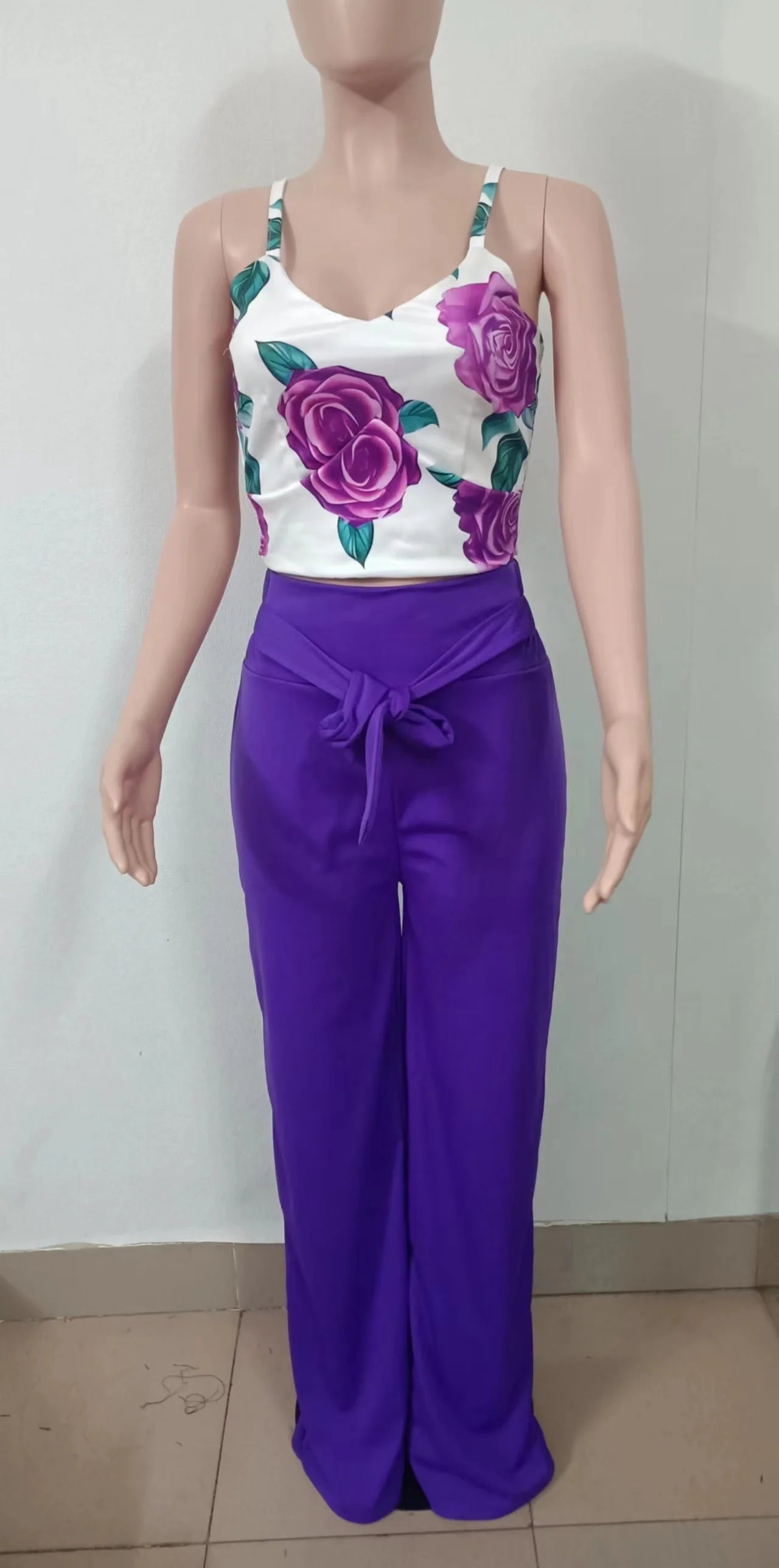 Women Fashion Print Halter V-Neck Short Tank Suit Tops Long Pants Matching Set Summer Casual Female Slim Pants Two Piece Sets