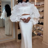 White Pleated Ruffle Crop Top Women Oversized Fan Sleeve Stand Collar Elegant Formal Evening Party Blouse