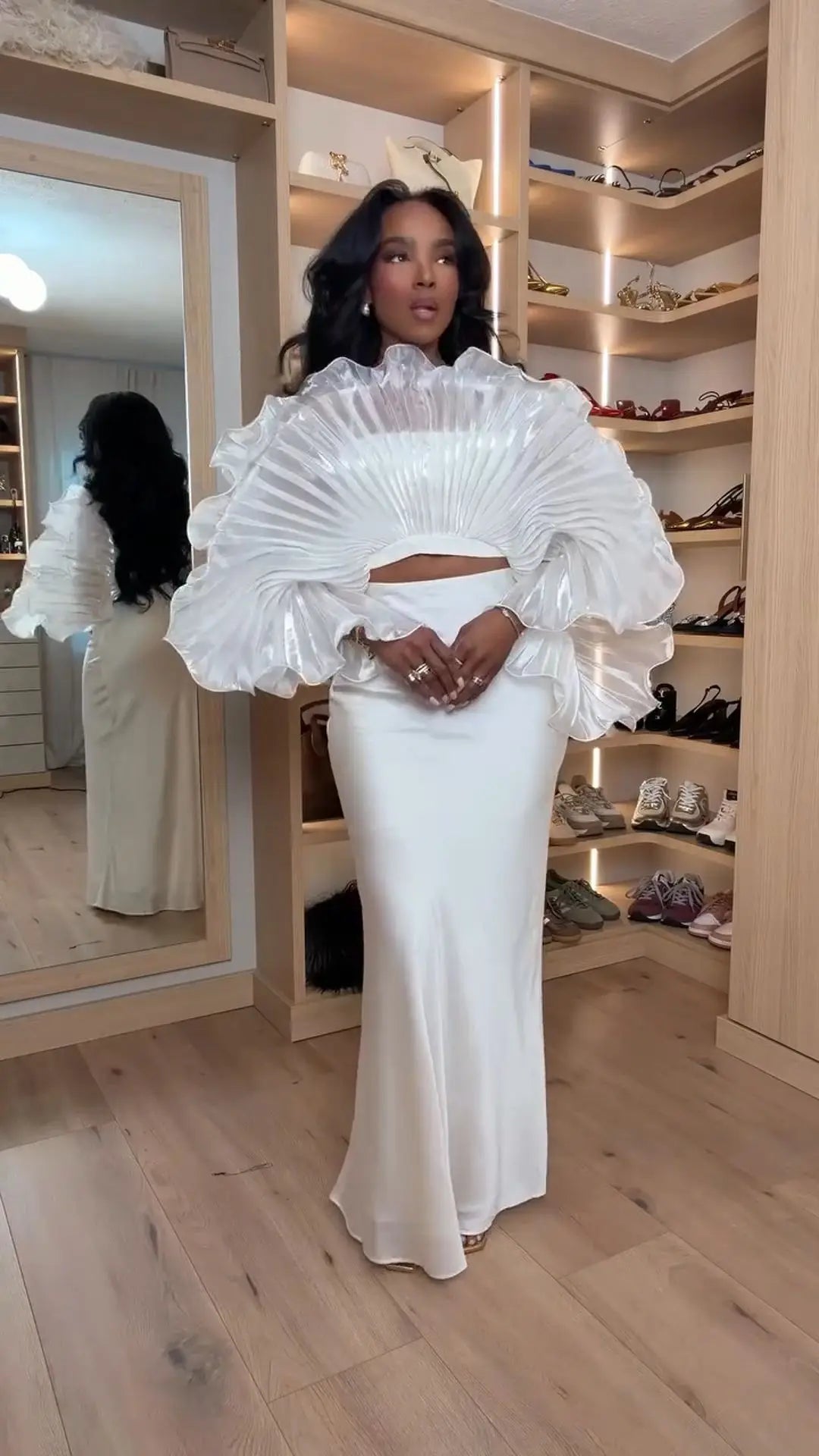 White Pleated Ruffle Crop Top Women Oversized Fan Sleeve Stand Collar Elegant Formal Evening Party Blouse