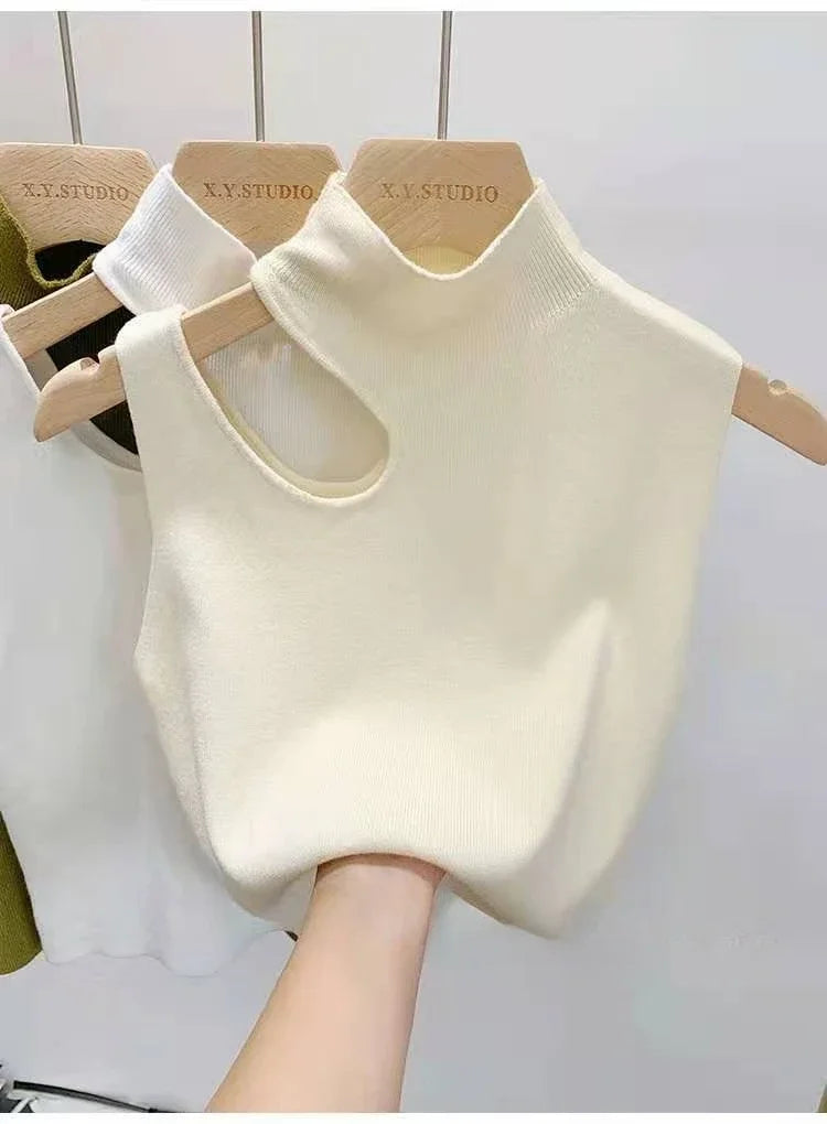 Women Knitted Tank Top Summer Fall Slim Sweater Short Sleeveless Solid Summer Sweaters Hollow Out Pullovers 2026