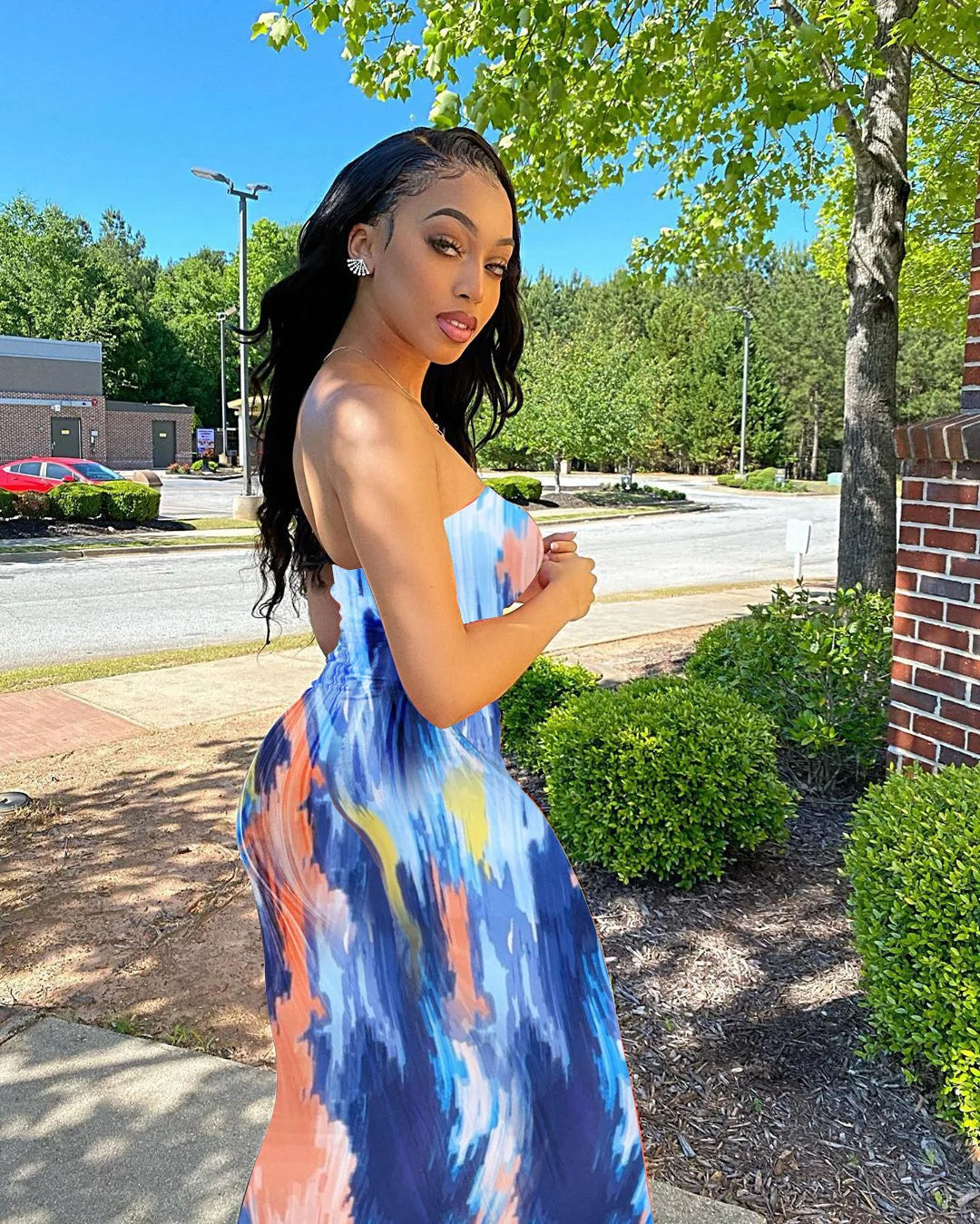 Spring/Summer Women's Colorful Tie Dye Print Off Shoulder Wrapped Chest Dress
