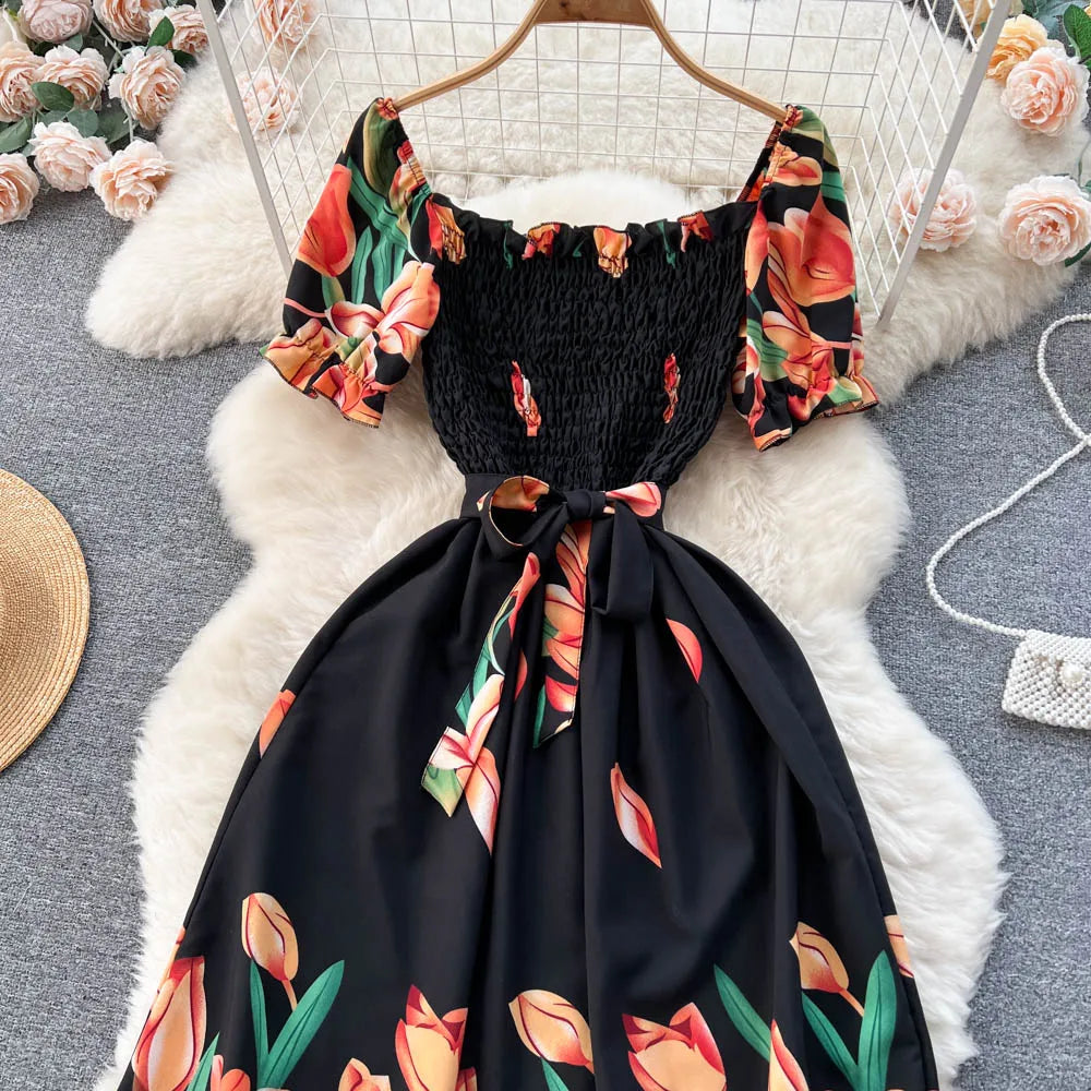 YuooMuoo Fashion Sommer Blumenmuster Langes Kleid Damen Vintage Eckiger Ausschnitt Geraffte Brust Schärpe Bandage Sundress Party Kleider