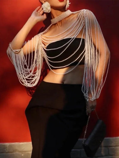 Women Pearl Tank Top Sexy Multiplayer Pearl Tassel Long Sleeve Bra Chains Camisole Necklaces Collar Partywear Crop Tops