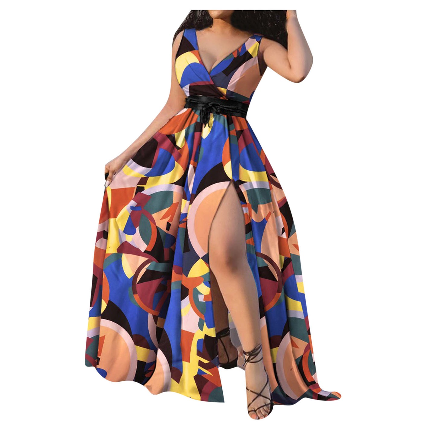 Elastic Waist V Neck Long Dress Sleeveless Print Side Slit Evening Party Dress Ladies Round Dot Printing Casual Sweet dress