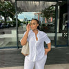 Women Casual Two Piece Pant Set Short Sleeve Turn Down Collar Shirts Top and High Waist Loose Wide Leg Pant Matching Set 2025