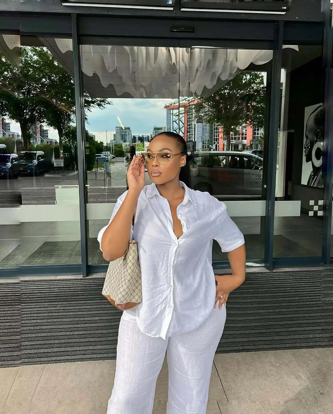 Women Casual Two Piece Pant Set Short Sleeve Turn Down Collar Shirts Top and High Waist Loose Wide Leg Pant Matching Set 2025
