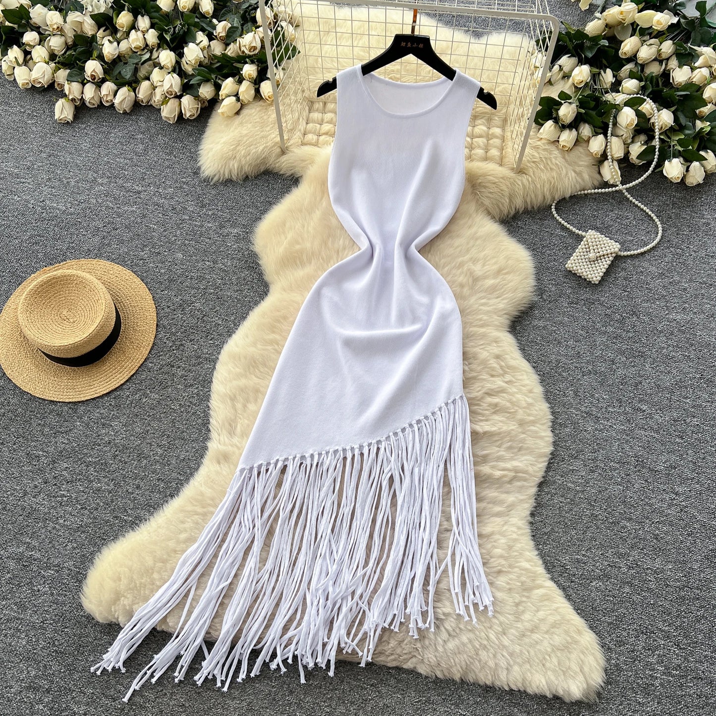 Sexy Backless Knit tassel High Waist Pleated Dress Casual A-line Dress Beach Vestidos Women Evening Party