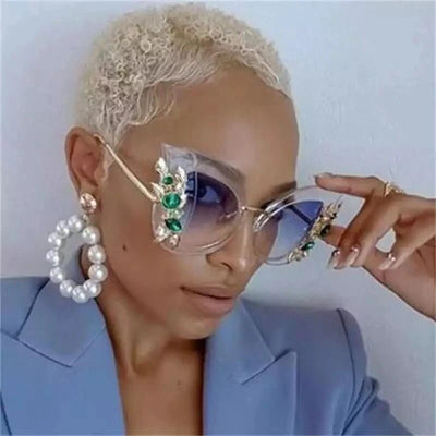 Luxus Diamant Cat Eye Sonnenbrille Damen Mode Übergroße Schmetterlings-Sonnenbrille Weibliche Steampunk Brille Eyewear Shades Oculos
