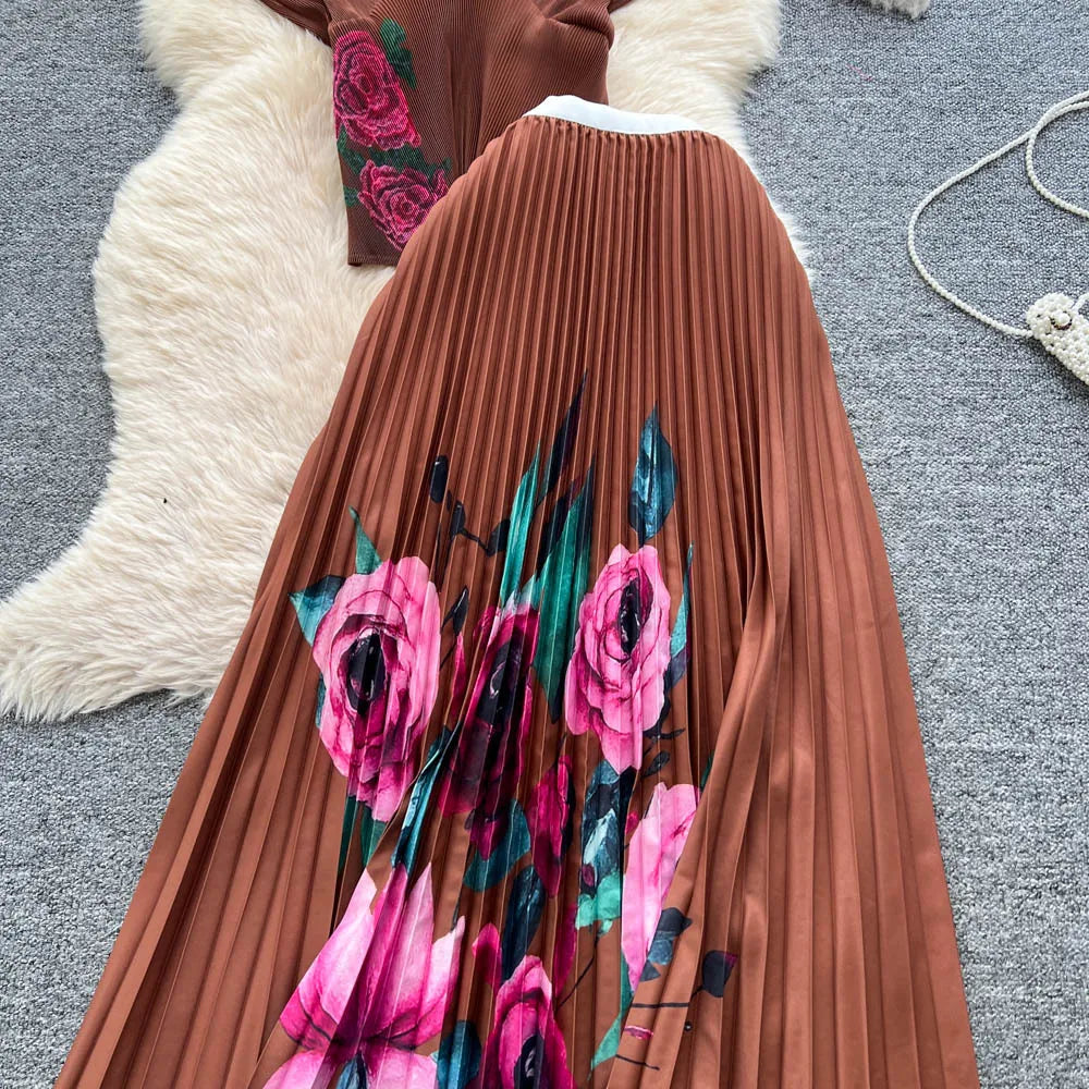 Two Pieces Women Dress Sets Solid Matching Sets V Neck Printing Top High Waist Pleat Dress Loose Fit Casual 2025 Autumn Winter