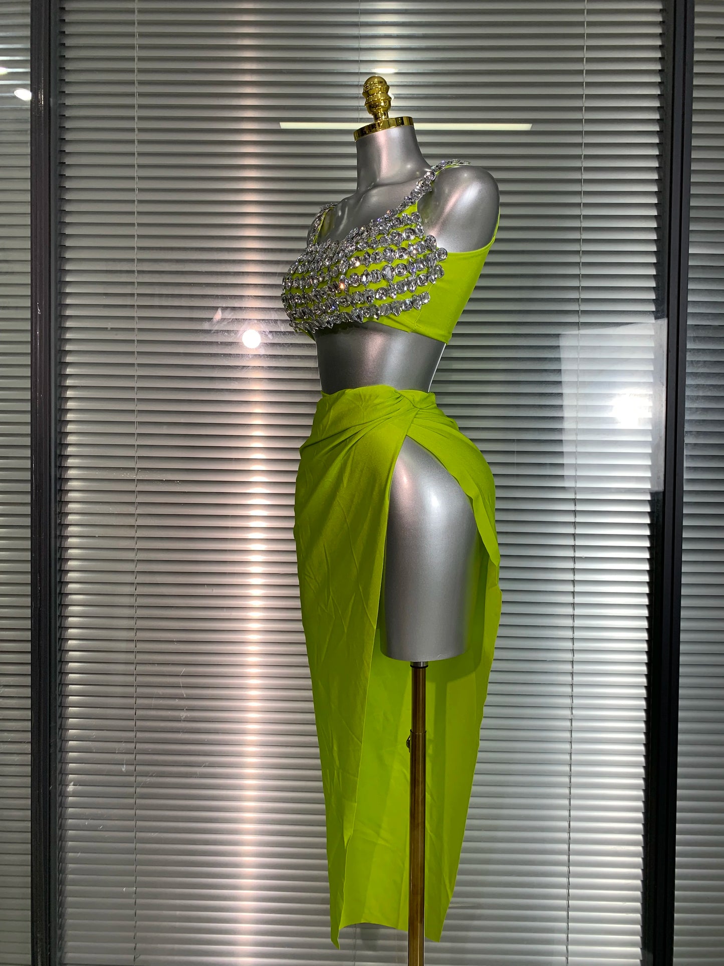 New Women Sexy Two Pieces Set Stretched Crystal Diamonds Night Club Skirt Suits Laced Singer Dancer Stage Performance Costume