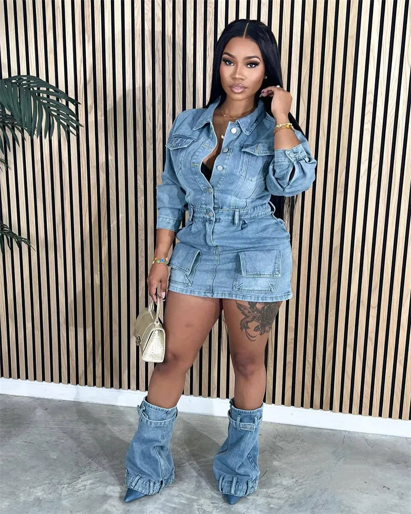 FAGADOER Fashion Button Long Sleeve Denim Mini Dress Women Turndown Collar Pocket with Leg Cover Clothing Female Cowboy Vestidos