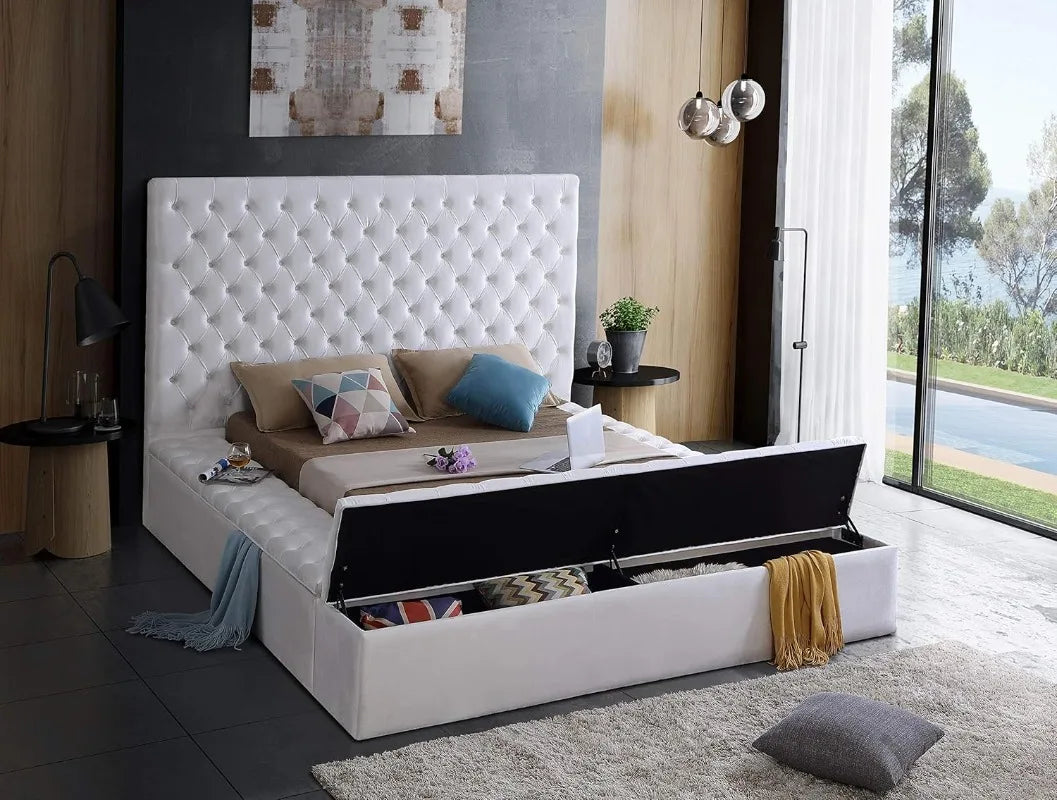 Bliss Collection Modernes Polsterbett aus Samt mit tiefer Knopfheftung und Staufächern, Weiß, Queen