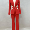 Modphy Red Sexy V-neck Long Sleeve Jacket+High Waist Flare Pants Blazer Set Women'S 2025 New Hollow Out Designer Two-Piece Set