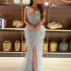 Moonlit Customized Serene Hill Beige Spaghetti Strap Split Feathers Beaded Formal Mermaid Evening Dresses