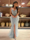 Moonlit Customized Serene Hill Beige Spaghetti Strap Split Feathers Beaded Formal Mermaid Evening Dresses