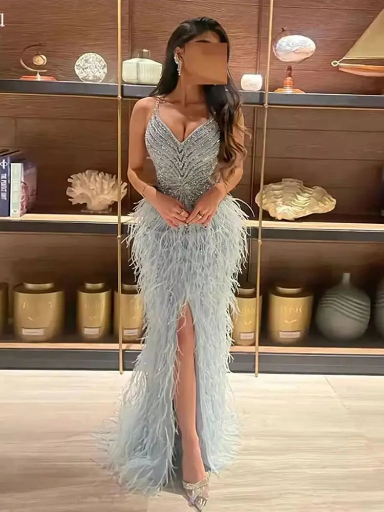 Moonlit Customized Serene Hill Beige Spaghetti Strap Split Feathers Beaded Formal Mermaid Evening Dresses