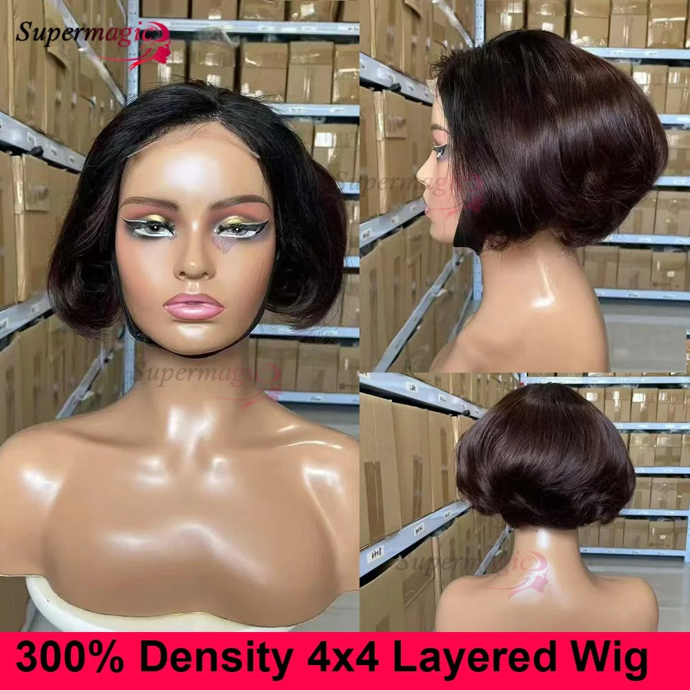 Ombre Chotolate brown Straight Bob 13x4 Lace Closure Human hair Wigs 100% Vietnamese Hair Wear and Go Glueless Layered Cut Wig