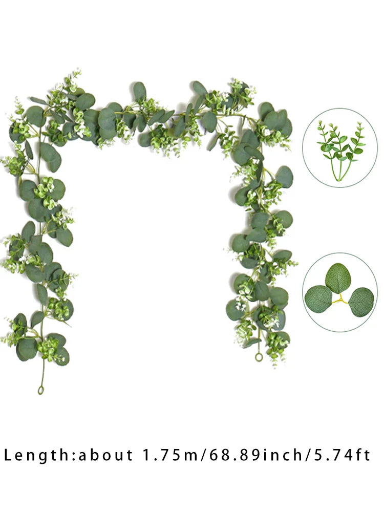 1pc Artificial Eucalyptus Leaves Greenery Garland Faux Plant Spring Vines with White Flowers Berries for Wedding Home Party Deco