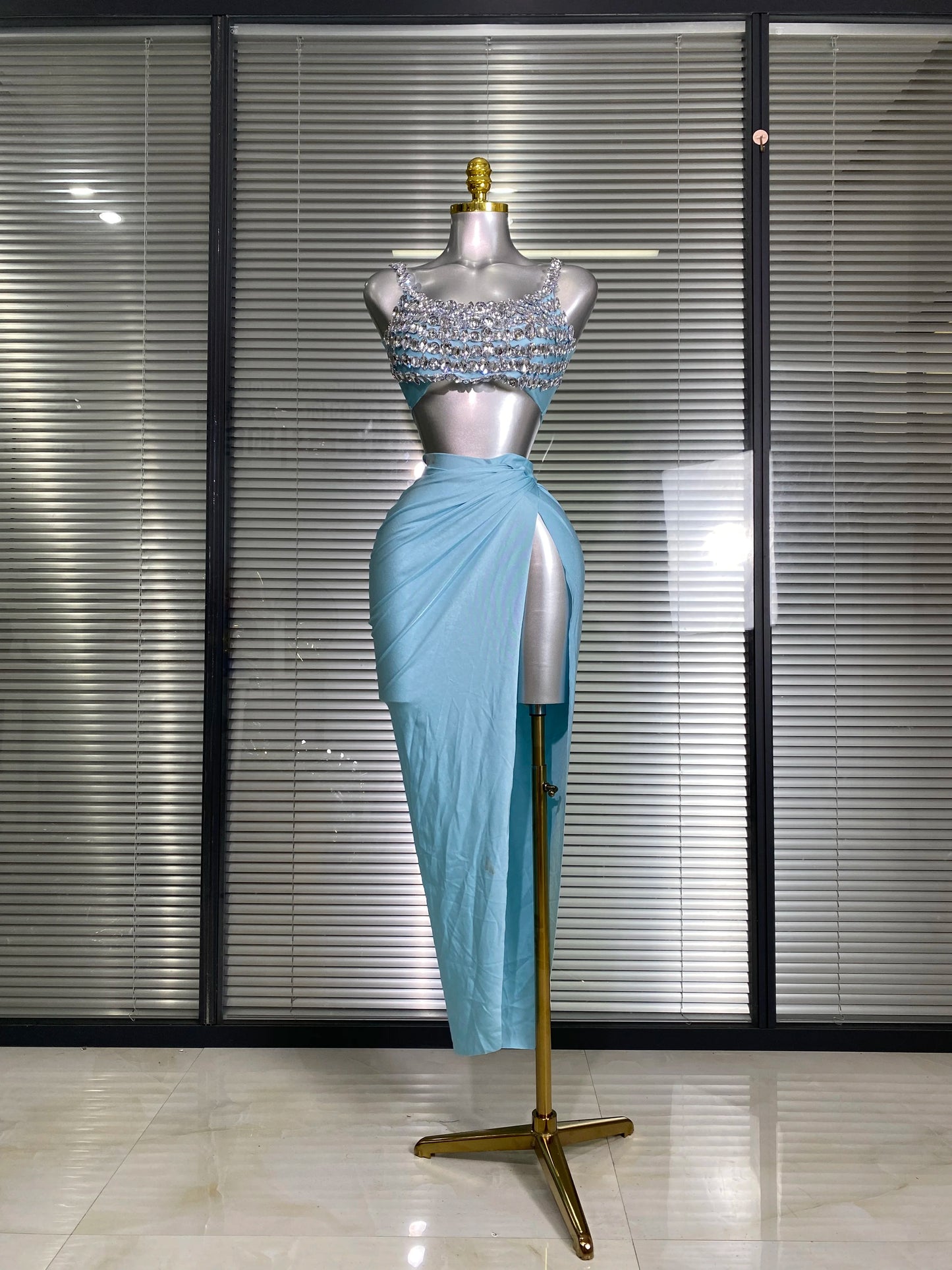 New Women Sexy Two Pieces Set Stretched Crystal Diamonds Night Club Skirt Suits Laced Singer Dancer Stage Performance Costume