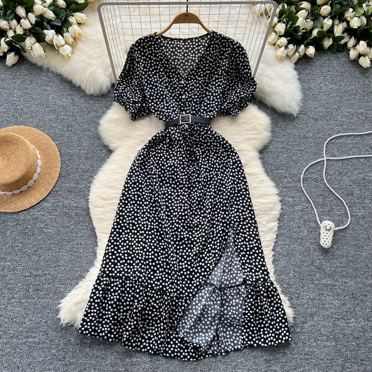 Sommer Plissiert Damen Knopfkleider Lässige Strandurlaub Kurzarm V-Ausschnitt Damen Midikleid Böhmische Mujer Vestidos
