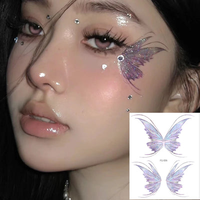 3D Feen-Schmetterlingsflügel Glänzendes Tattoo-Aufkleber Wasserdicht Augen Gesichts Körperkunst Fake Tattoos für Frauen Make-up Tanz Musikfestival
