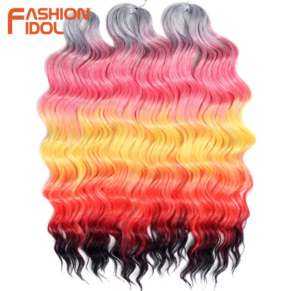 FASHION IDOL 24-Zoll Häkelhaar Synthetische Wasserwelle Flechthaarverlängerungen Ombré Regenbogenfarbe Kunsthaar Deep Wave Lockenhaar
