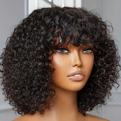 Jerry Curly Short Bob Echthaarperücken mit Pony Zum Anziehen Kleberlose Perücke Highlight Honig Wasserwelle Blonde Farbige Perücke für Frauen