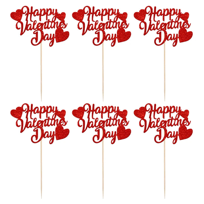YOMDID 24tlg. Happy Valentines Day Cupcake Toppers Glitzer Rot Dekorationen Valentinstag Cupcake Spieße Geschenk zum Valentinstag