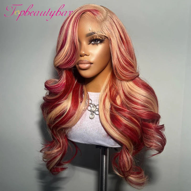 Rot und Blond Farbe Peruanische 13X4 Lace Front Echthaarperücken für Frauen Pre-Plucked 180% Remy Wavy Rot Highlight Farbe Perücken