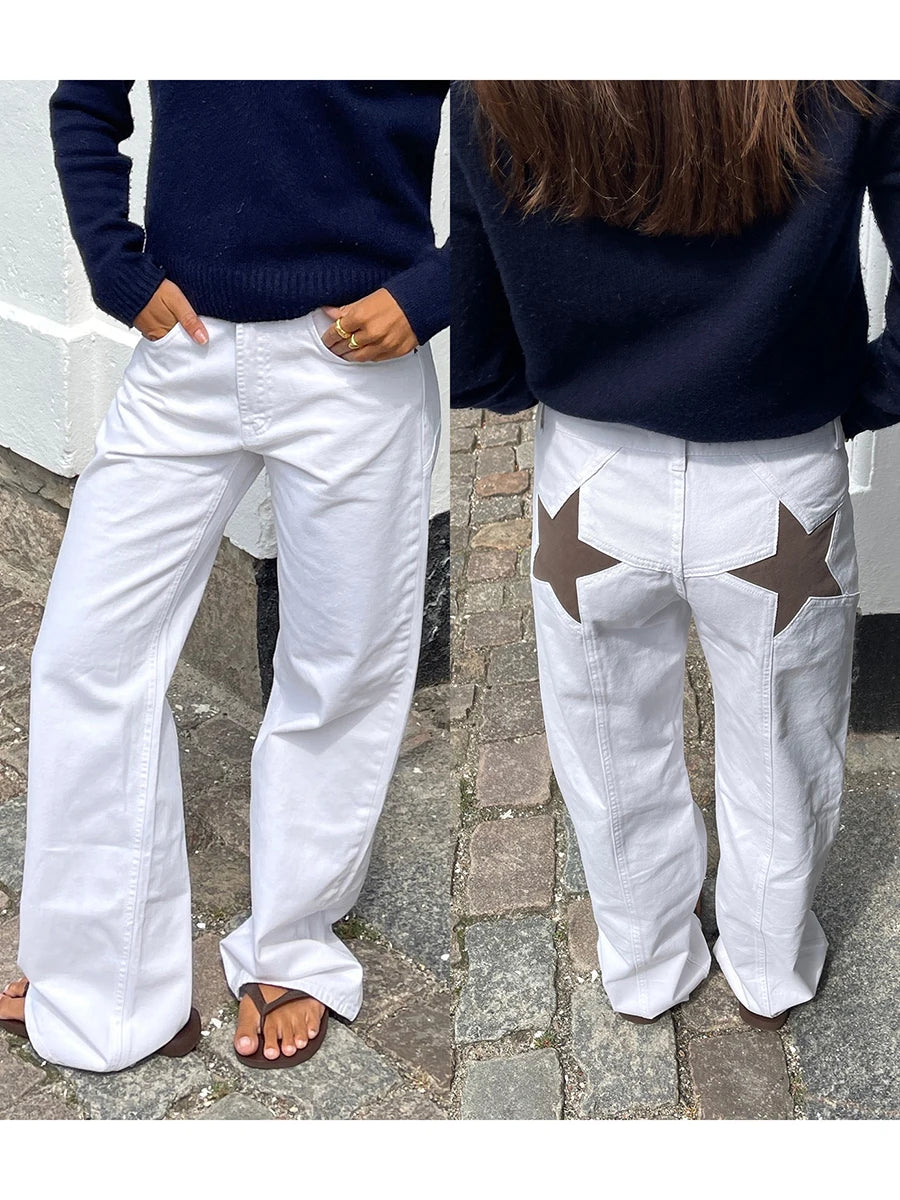 Combhasaki Damen Y2K Vintage Jeans Ästhetischer Sternmuster-Print Loose Straight Leg Denim Lange Hose Lässige Low Waist Hose