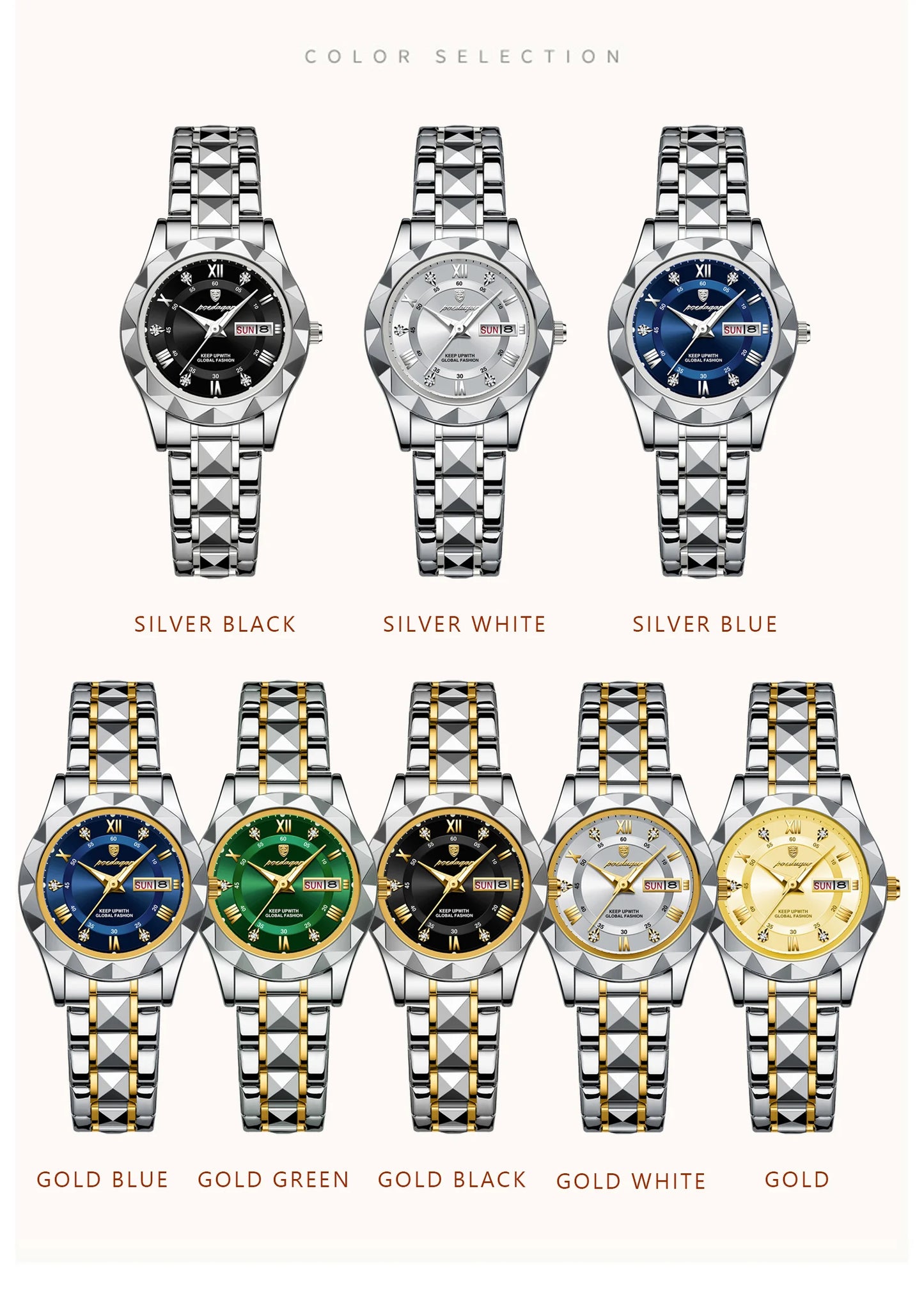 POEDAGAR Luxuriöse Damen-Kleideruhr, leuchtend, wasserdicht, Wochen- und Datumsanzeige, Damenarmbanduhr, Edelstahl-Damenquarzuhr reloj+box