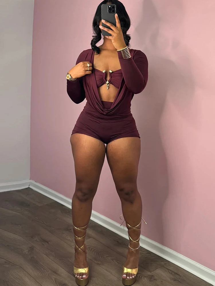 Insglas Frühling Trend Schwingkragen Sexy Damen Jumpsuit + Metallschnalle BH Hipster Midnight Party Neues Workout Fit Coquette Playsuits