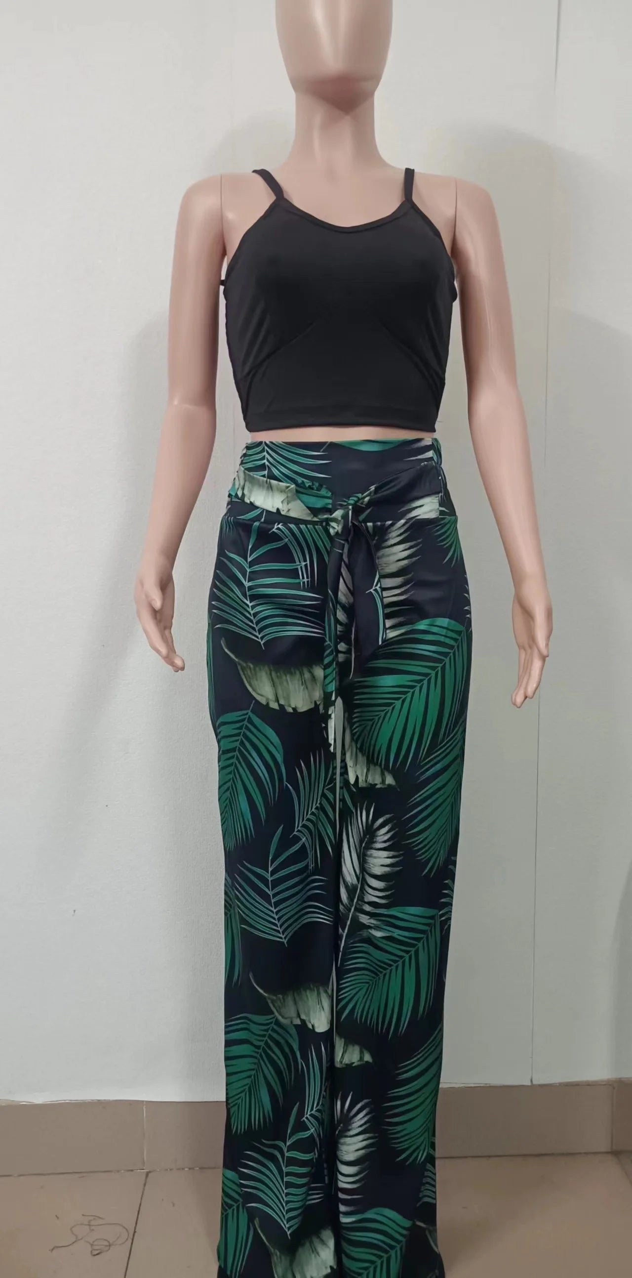 Women Fashion Print Halter V-Neck Short Tank Suit Tops Long Pants Matching Set Summer Casual Female Slim Pants Two Piece Sets