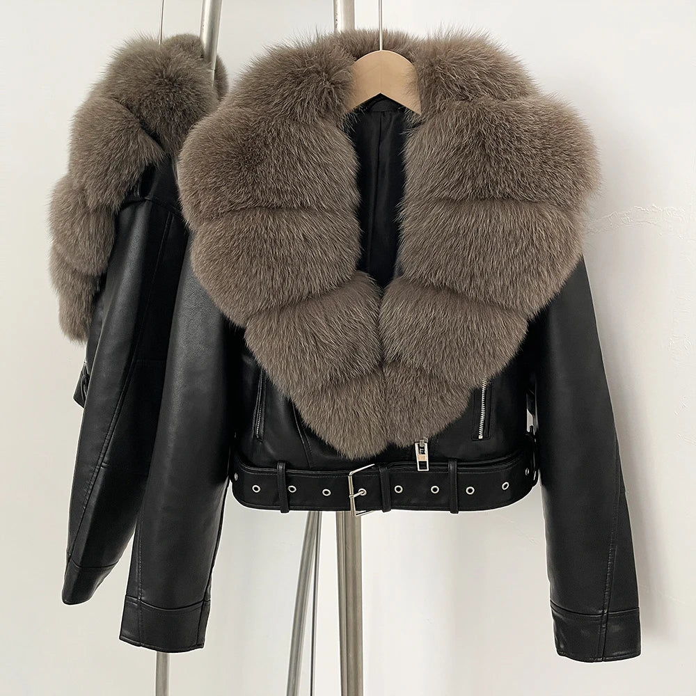 OFTBUY Natural Fox Fur Faux Leather Jacket Female New Autumn Short Top Clothing Women Long Sleeve Fake Leather Real Fur Coat