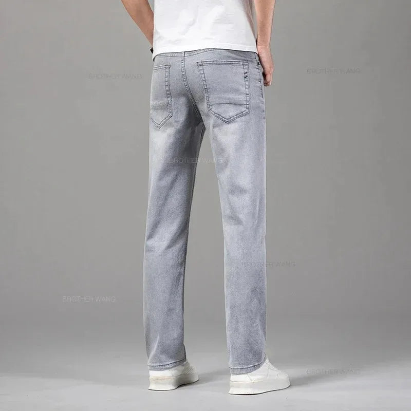 Sommer elastische Herrenjeans Mode Grau Bequeme Business Straight Stretch Baumwolle Casual Denim Hose Marke Männliche Dünne Hosen