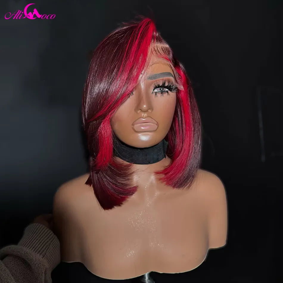 Highlight Rot 99J Bob Perücke Echthaar 180 Dichte 13x4 Lace Front Perücken für Frauen Glatt Kurz Bob Perücke Echthaar Perücken