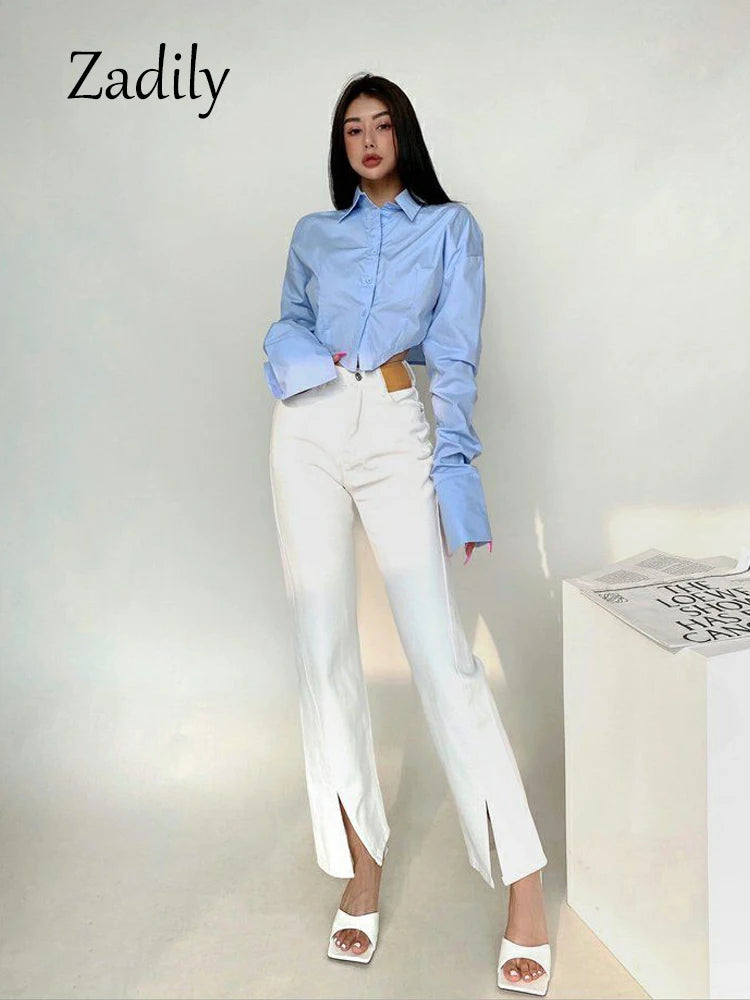 Zadily 2025 Summer Korean Style Long Sleeve White Shirt Women Sexy Button Ladies Crop Tops Blouse Street New In Female Clothing