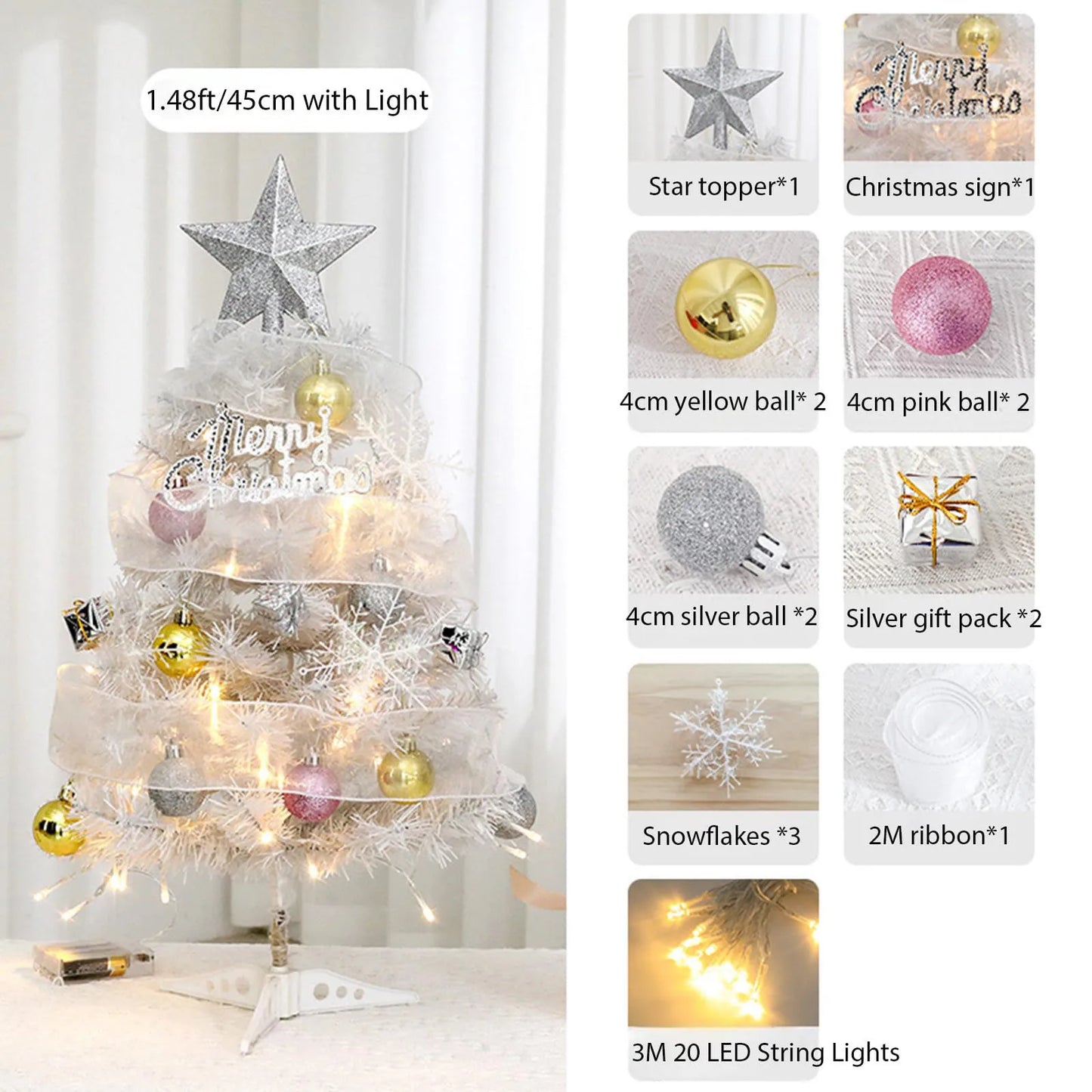 Hot Sale 45/60cm Christmas Tree With lights White/Pink Christmas Tree With Star Christmas Miniature Pine With Ornaments