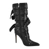 Onlymaker Women Pointed Toe Mid-Calf Boots Buckle Strap Thin High Heel Lady Zipper Female  Stiletto Boots