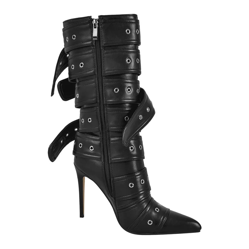 Onlymaker Women Pointed Toe Mid-Calf Boots Buckle Strap Thin High Heel Lady Zipper Female  Stiletto Boots