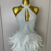 Women Luxury Rhinestones Pearls Feathers Halter Backless Short Dress Women Sexy Celebrate Birthday Dress Nightclub Stage Costume