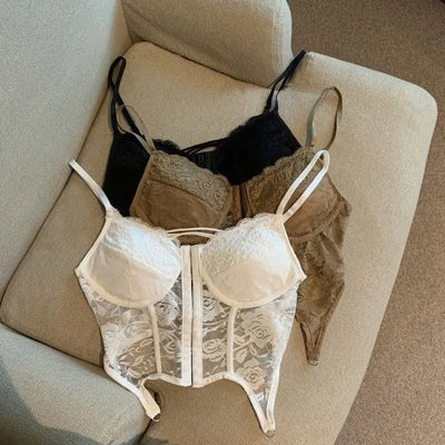 V-Neck Sexy Lace Corset Top Slim Fit Push Up Hollow Suspender Vest Adjustable Straps Off Shoulder Breathable Mesh Vest Travel
