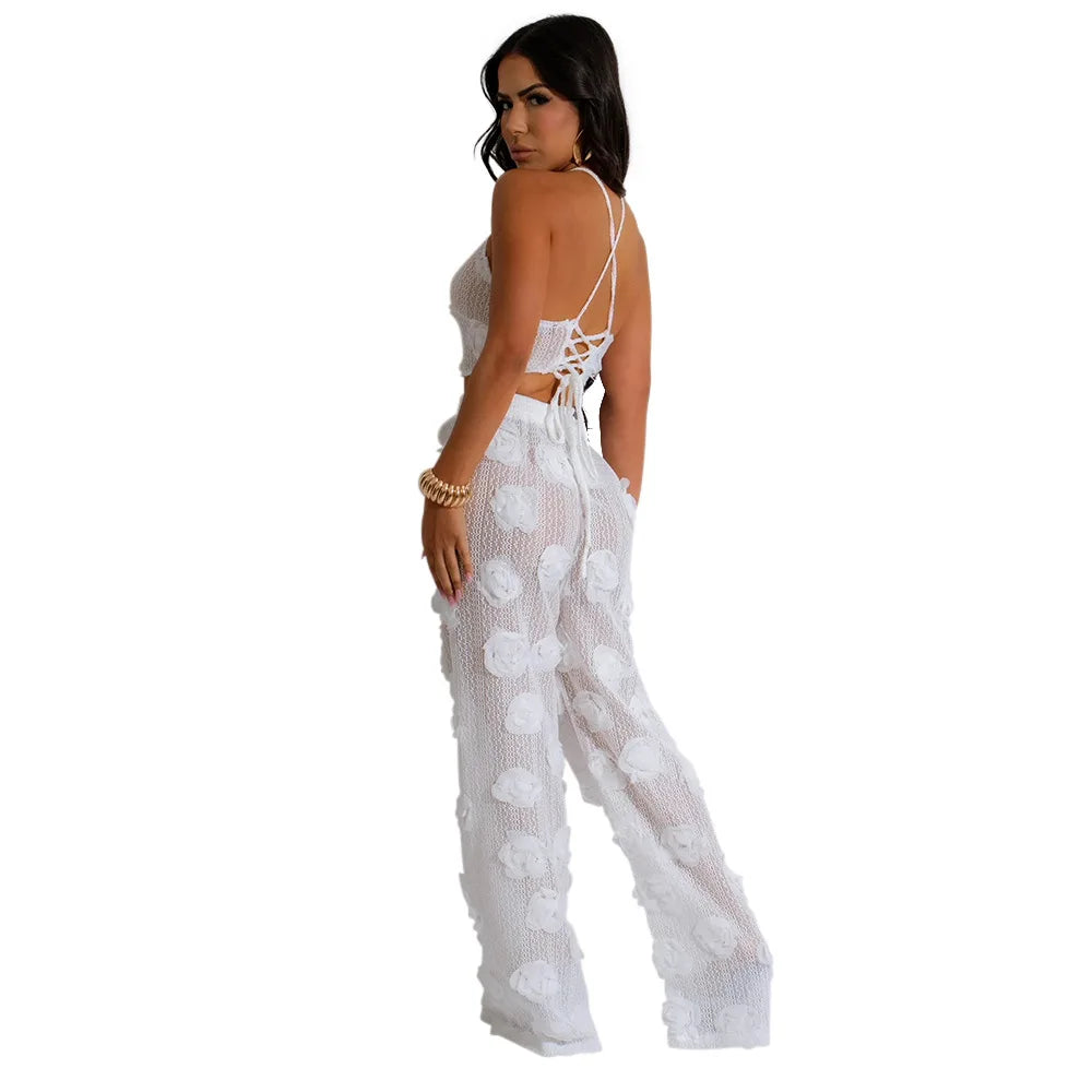 Women Two Piece Pant Sets Sexy Hollow Out Vest Sleeveless Tanks Tops Splice Long Pants Drawstring Streetwear Summer 2025