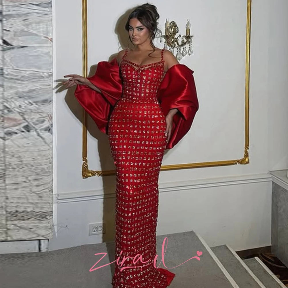 Zira Customized Red Mermaid Evening Dresses With Cape Elegant Beaded Diamonds Party Gowns Customized Engagement Prom Dress