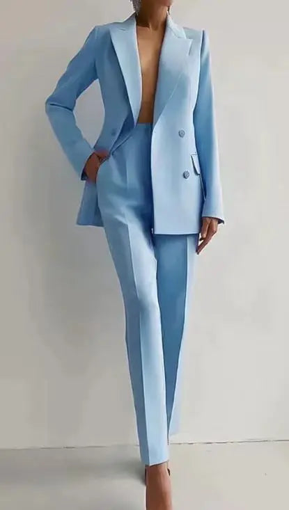 Pant Suits Women Blazer Double Breasted Blazers Ankle Length Pencil Pants Two Pieces Solid Office Lady Summer Slim Fit 2025