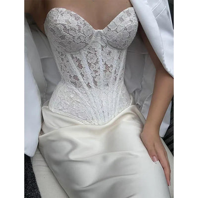 Stahlknochen Weißes Spitzenkorsett V-Ausschnitt Oberteil Überbrust Sexy Sheer Bustier Tops für Damen Einfarbiges Korsett Taillenmieder Shapewear Dessous